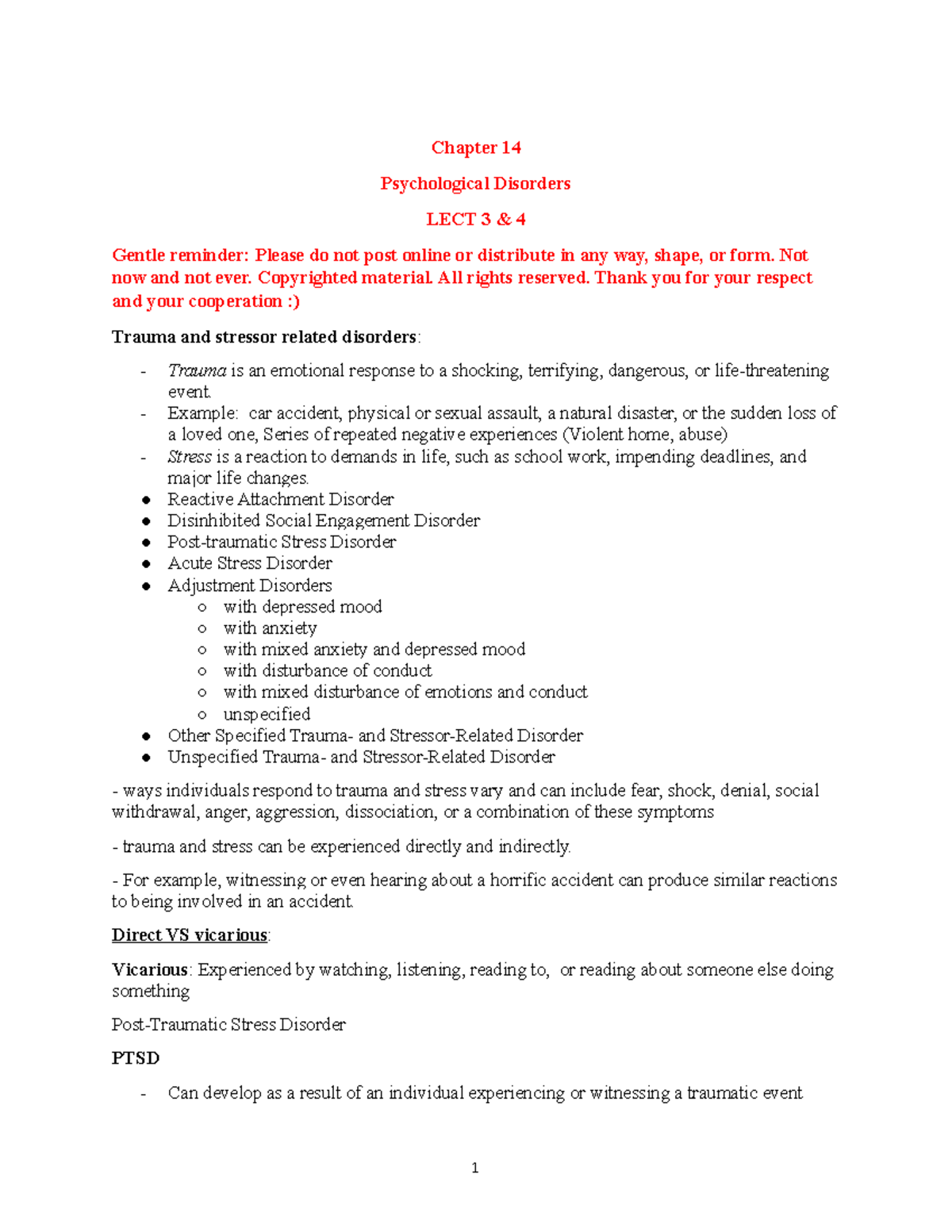Chapter 14 LEC 3 4 - Class Lecture Notes - Chapter 14 Psychological ...