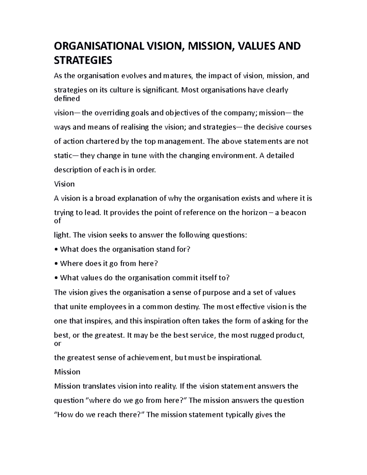 Organisational Vision, Mission, Values notes - ORGANISATIONAL VISION ...