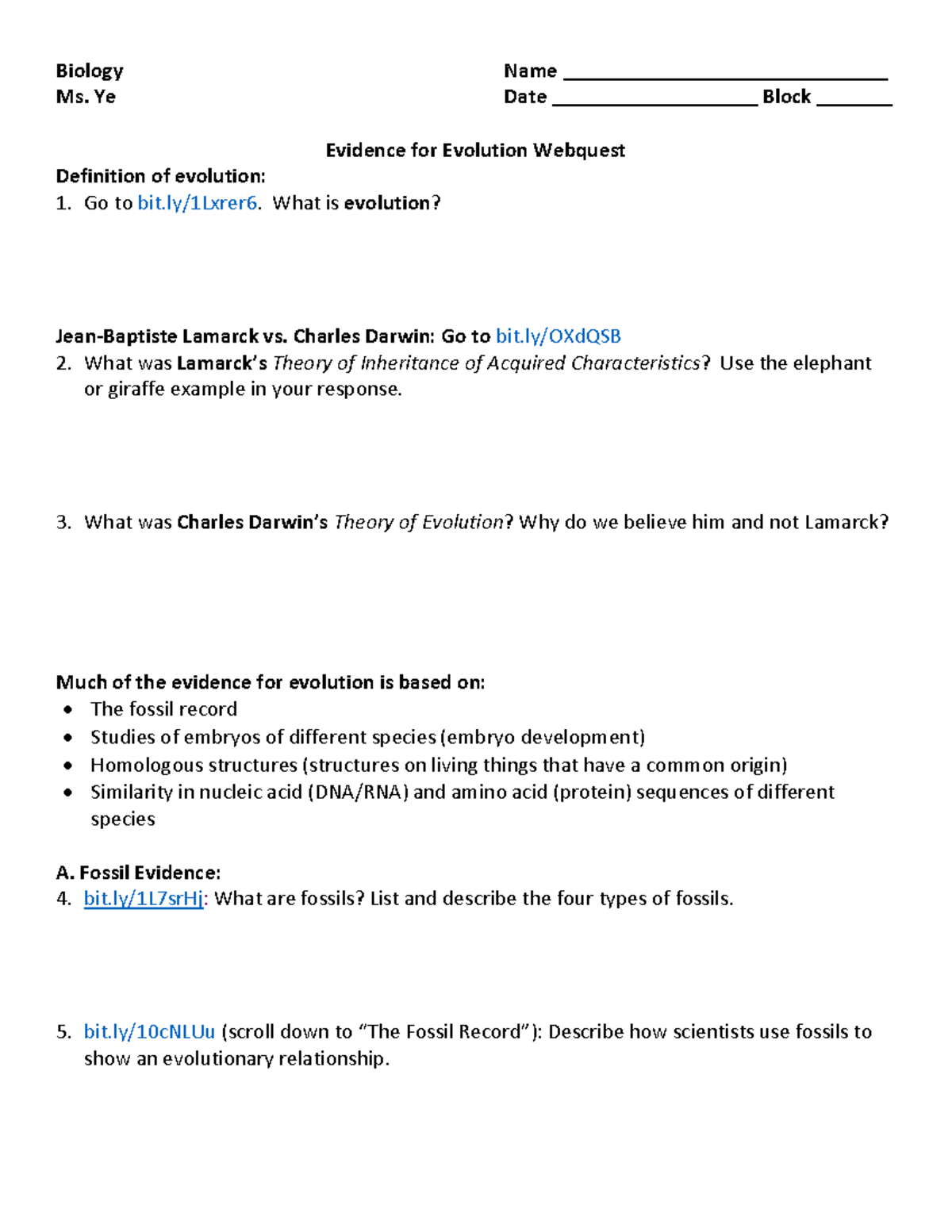 Evidence for evolution webquest 2 - Biology Name Ms. Ye Date - Studocu