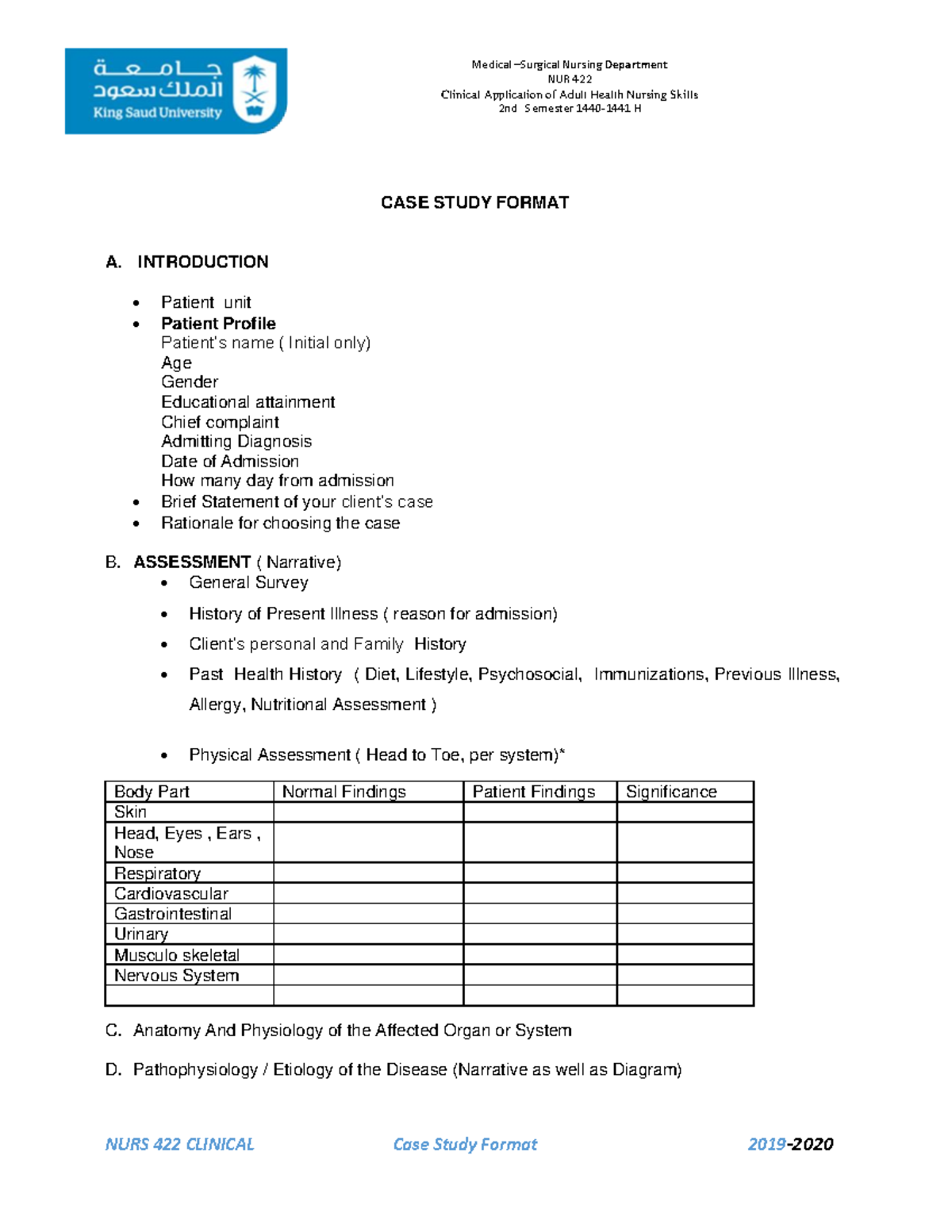 Case study format 2020 - Medical – Surgical Nursing NUR 422 Department ...