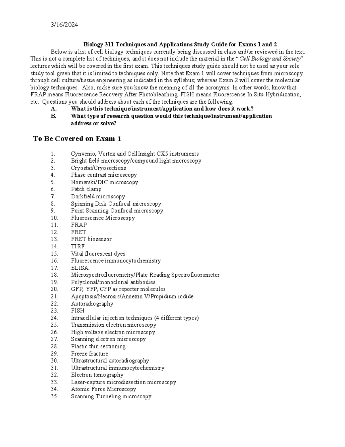 Biol. 311 Techniques Spring 2024 - 3/16/ Biology 311 Techniques and ...