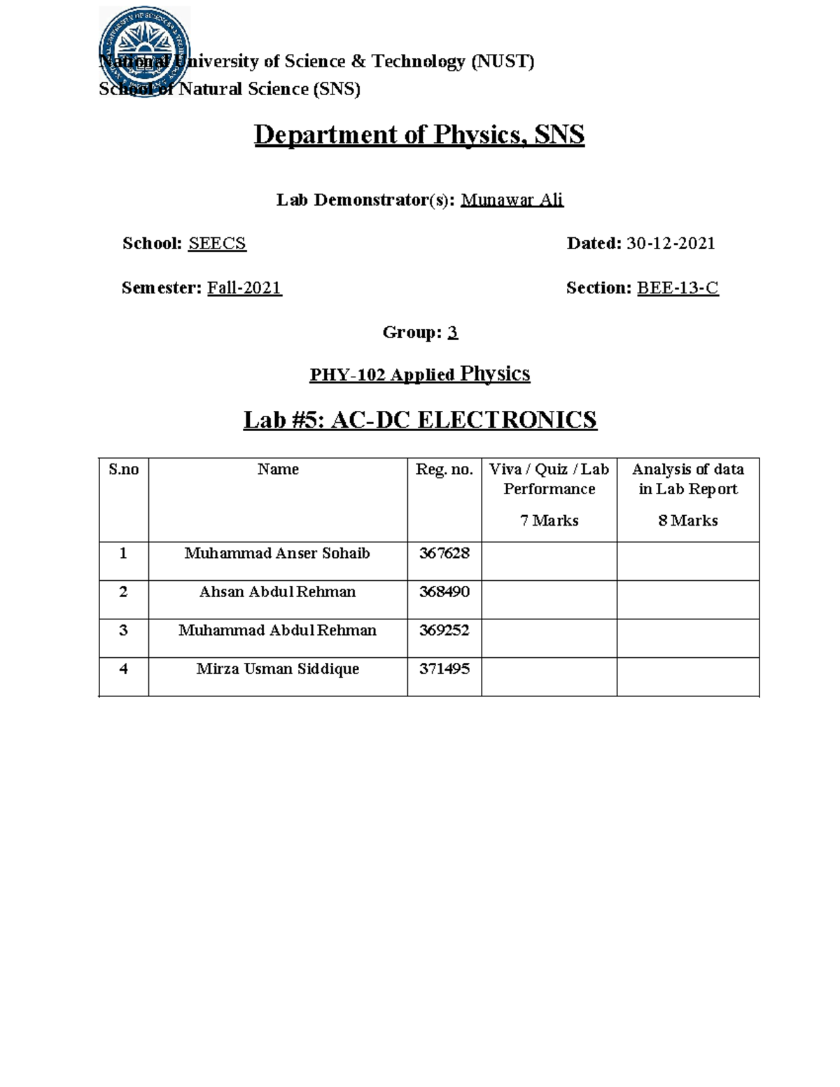 Applied Physics Lab 5 Report - School of Natural Science (SNS ...