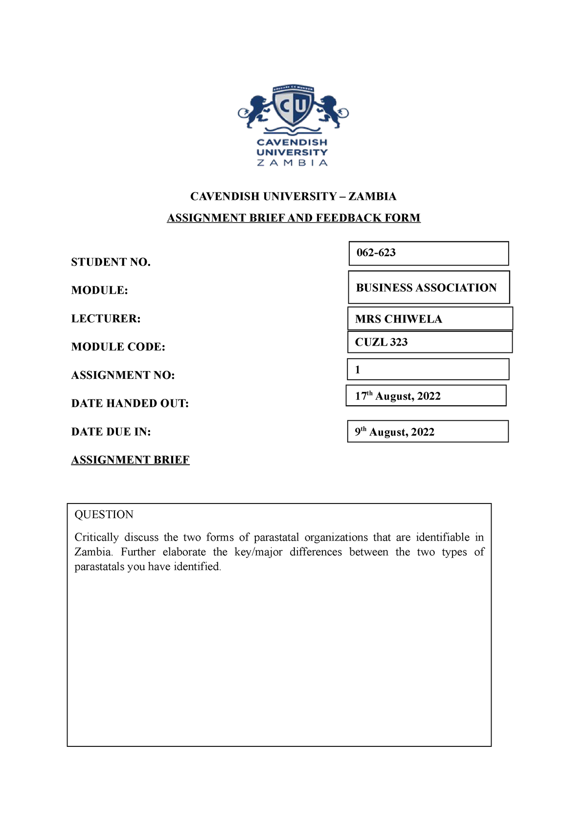 cavendish university assignment cover page pdf