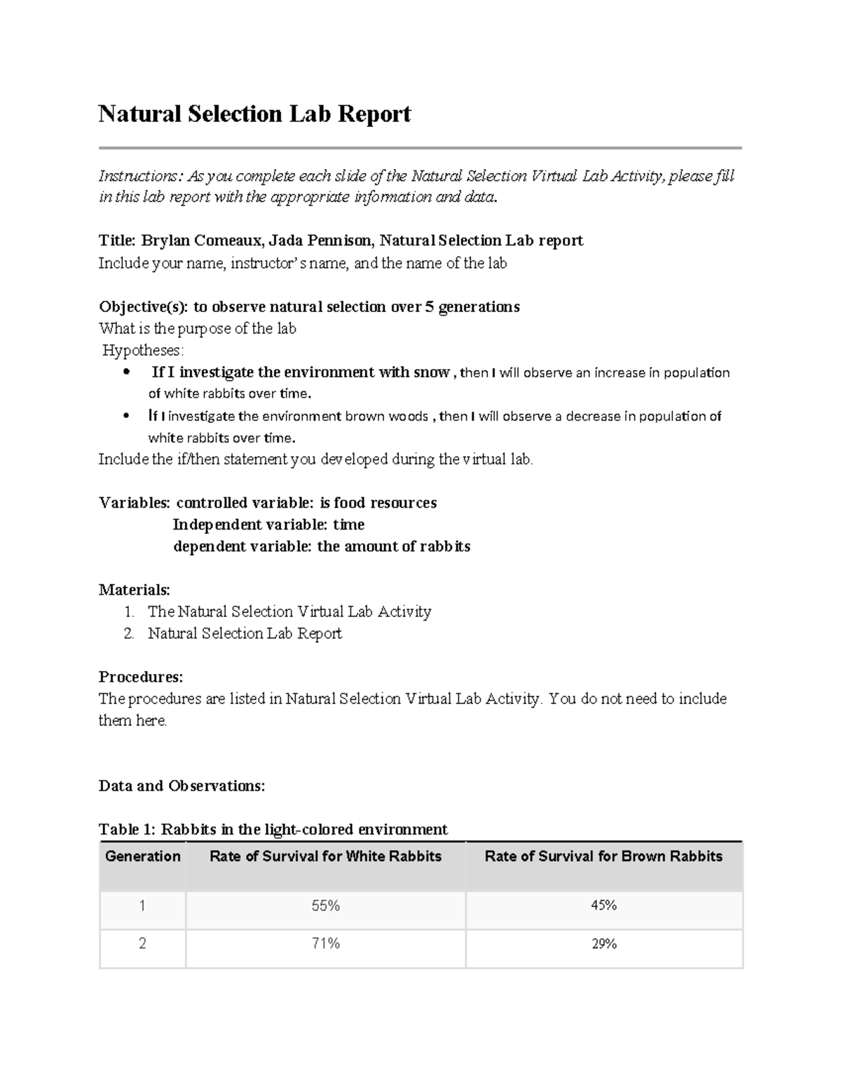 5 02 natural selection lab report - Natural Selection Lab Report ...