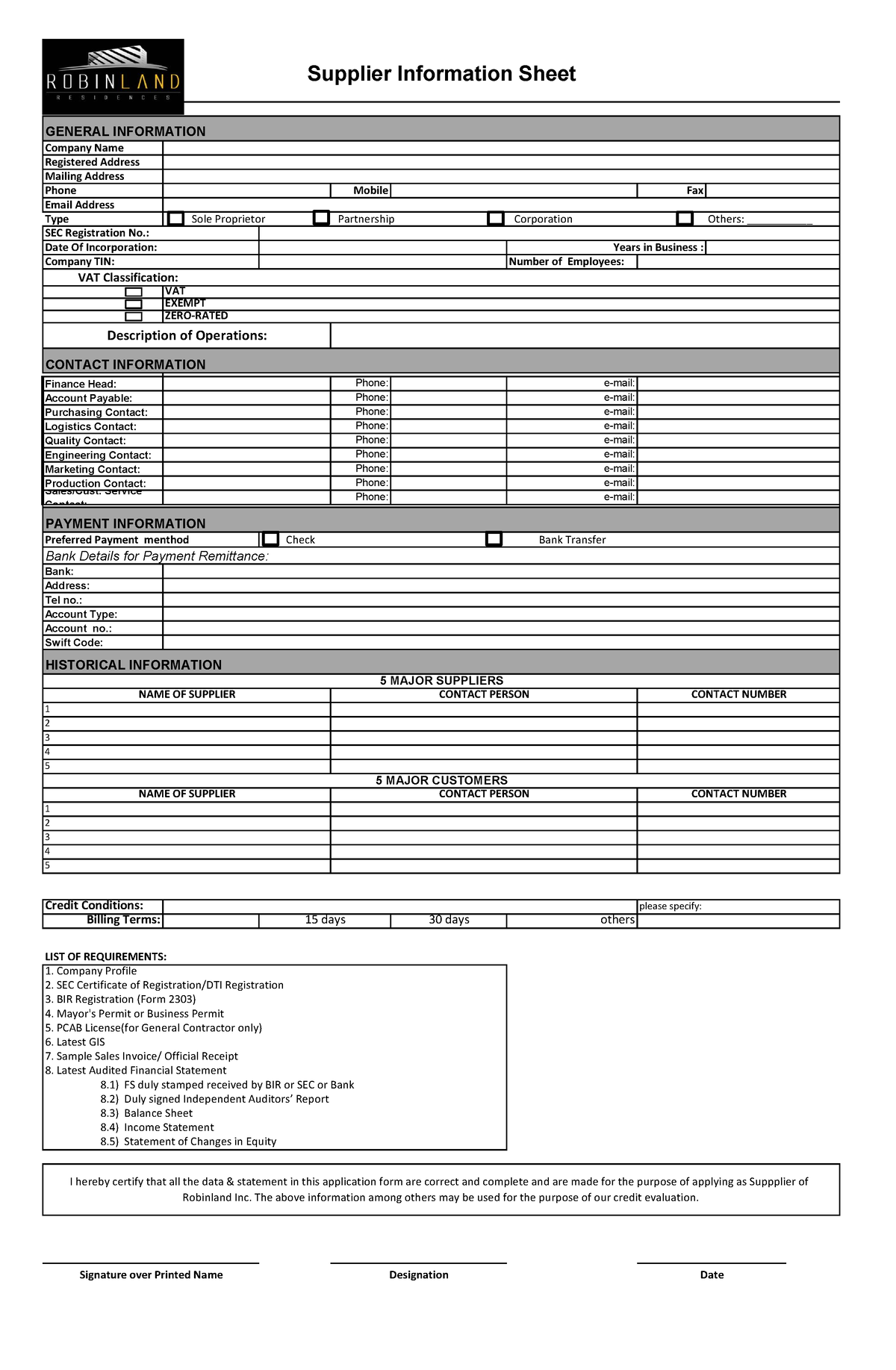 Supplier Information Sheet - Company Name Registered Address Mailing ...