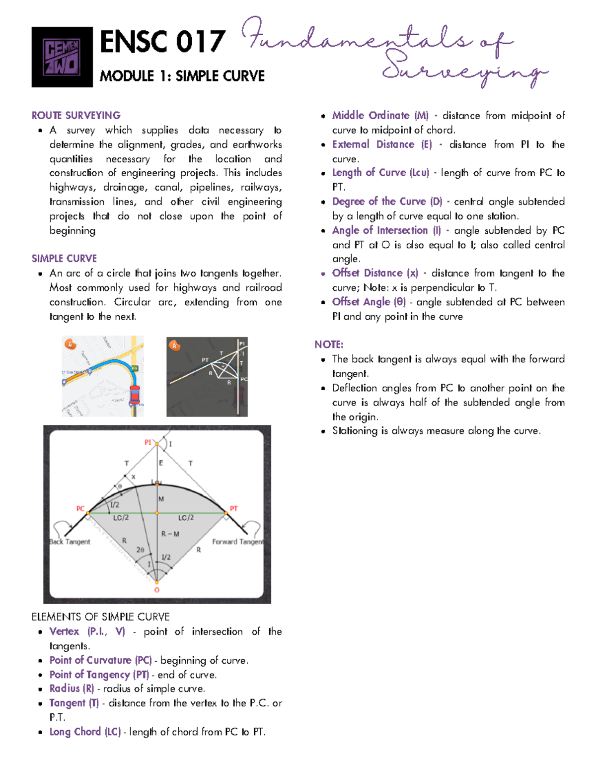 FOS ( Module 1 Simple Curve) - ROUTE SURVEYING A survey which supplies ...