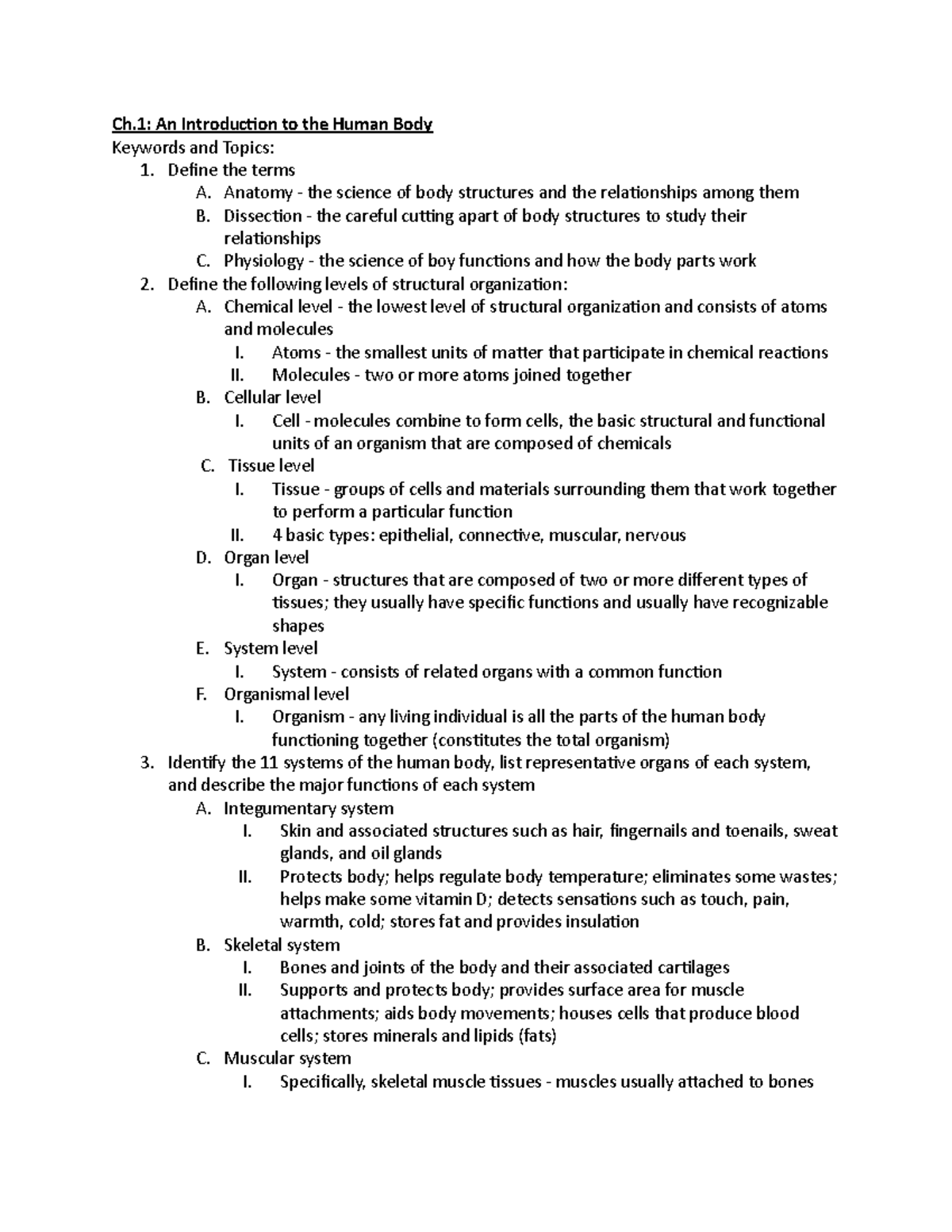 BIOL235 Chapters 1-10 Notes - Ch: An Introduction to the Human Body ...