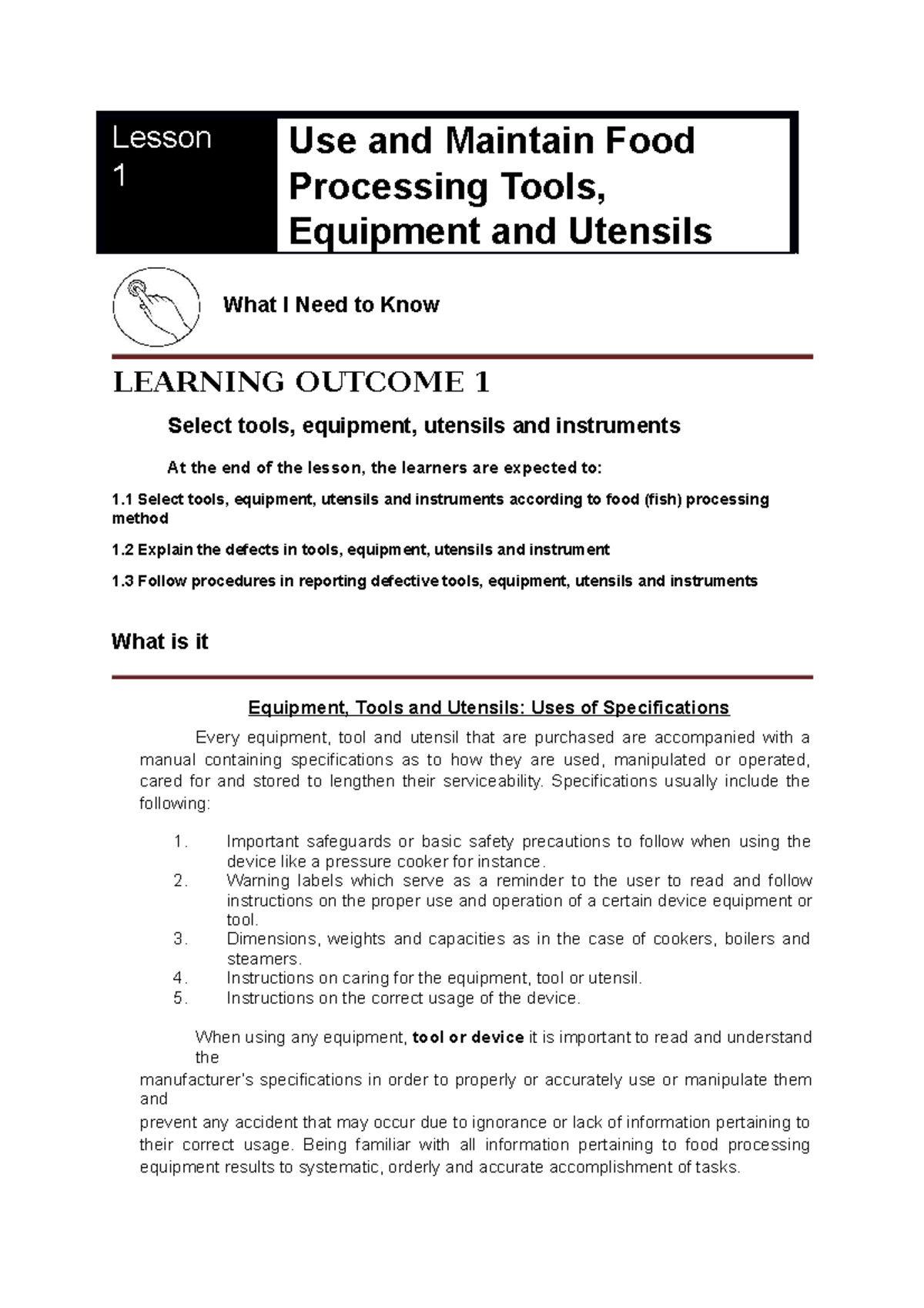 Fish Processing Notes Lesson 1 Use and Maintain Food Processing
