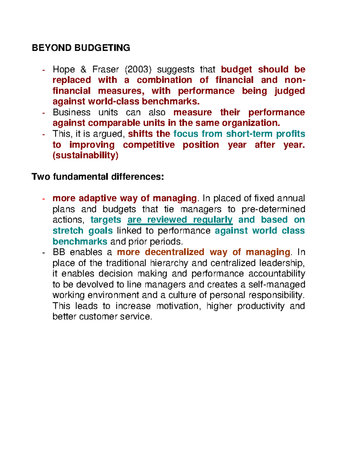 4 Beyond Budgeting - Notes Chapter 4 - BEYOND BUDGETING Hope & Fraser ...