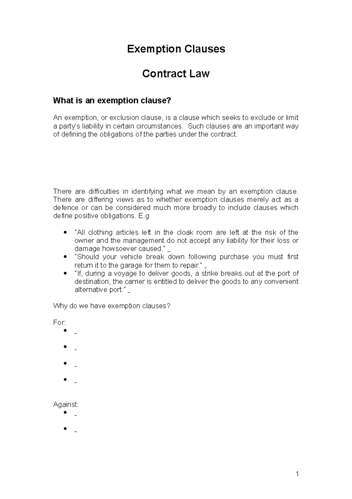 Exclusion Clauses handout 2019 Exemption Clauses Contract Law What is
