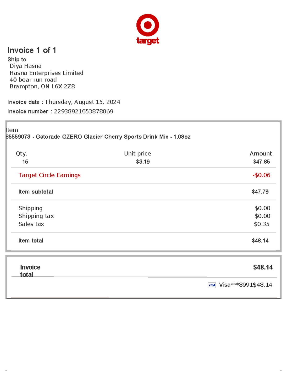 695979253-Target-invoice - Invoice total $48. Visa***8991$48. Item ...