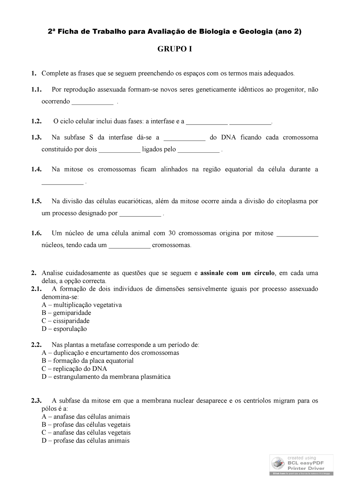 2ª Ficha De Trabalho Para Avaliação - Biologia E Geologia - 2™ Ficha De ...