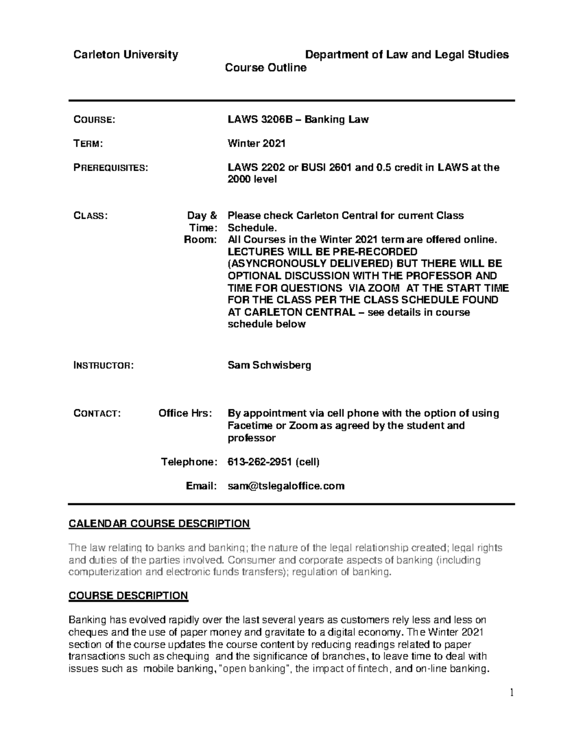 3206B-Schwisberg - Course outline - Carleton University Department of ...