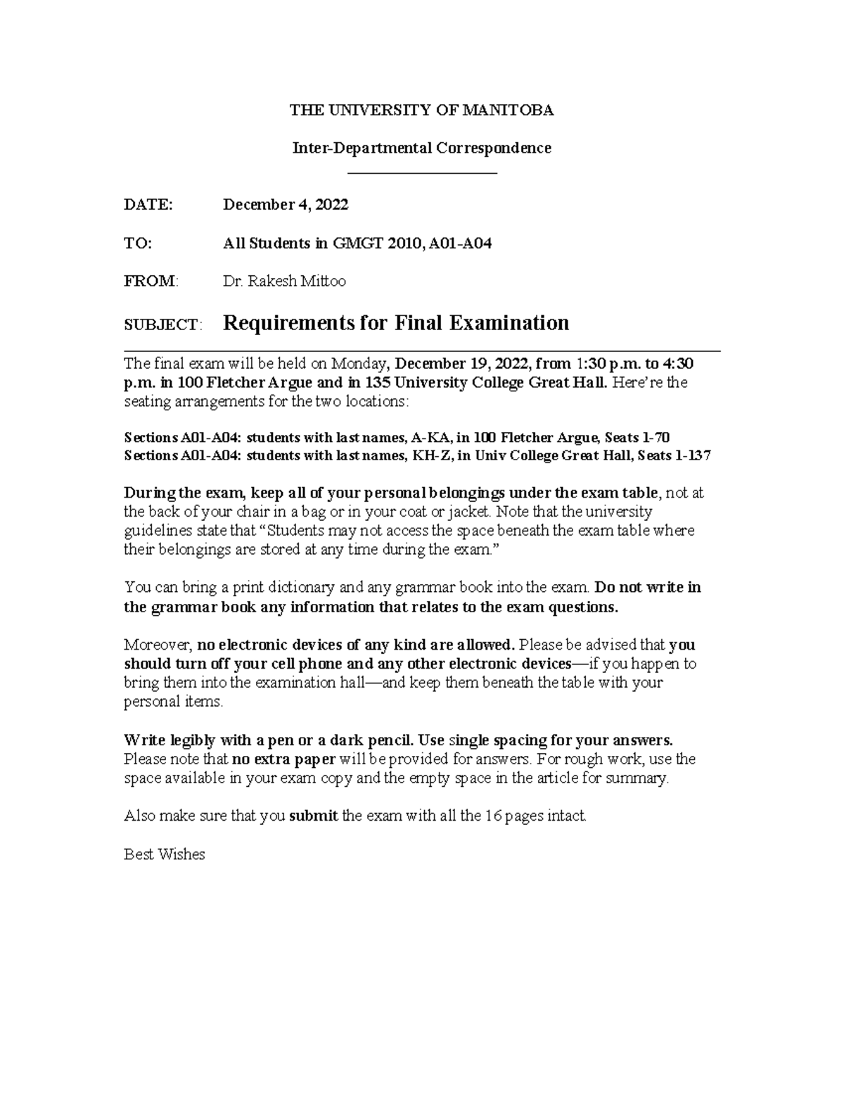 Final Exam Memo December 2022 THE UNIVERSITY OF MANITOBA Inter