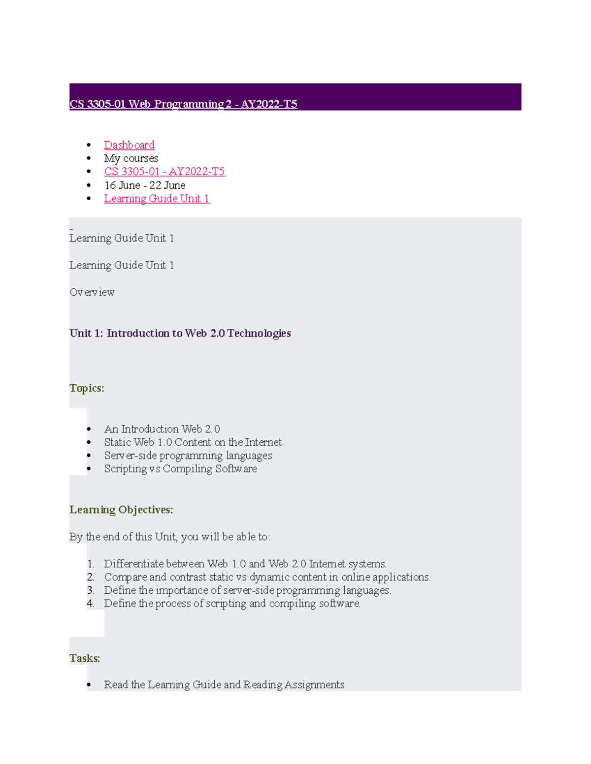 Learning Guide Unit 1-CS 3305 - CS 3305-01 Web Programming 2 - AY2022-T ...