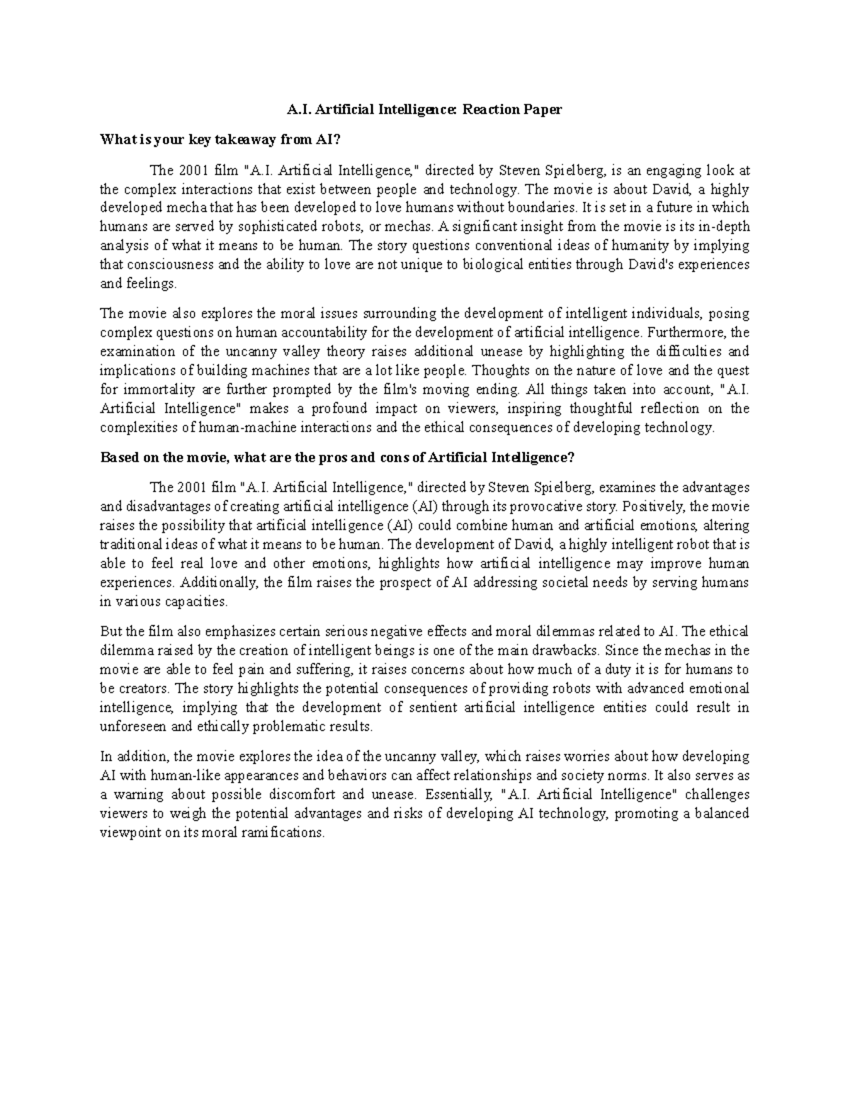 Artificial Intelligence Movie Reaction Paper A. Artificial