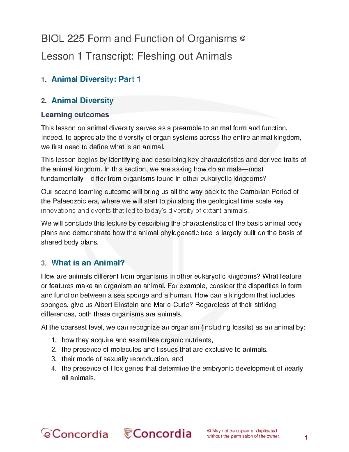 BIOL225 L1 Animal Diversity Part 1 Transcript - © May not be copied or ...