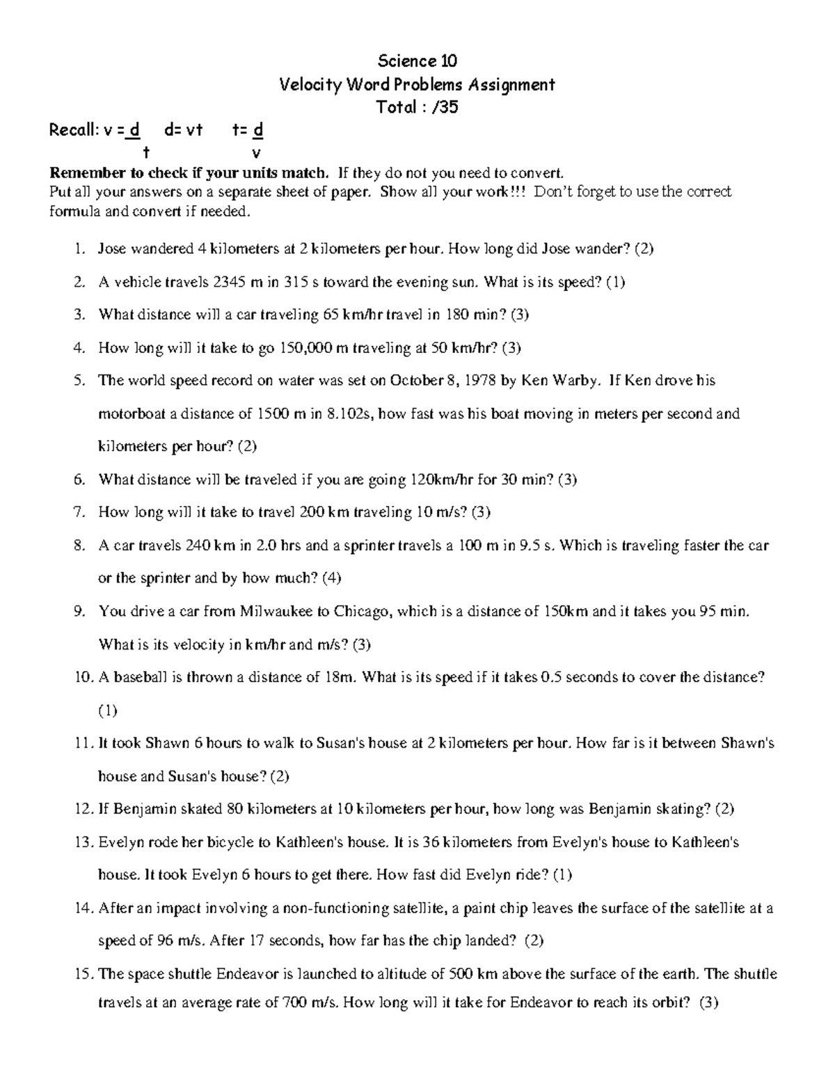 science 10 velocity word problems assignment answer key