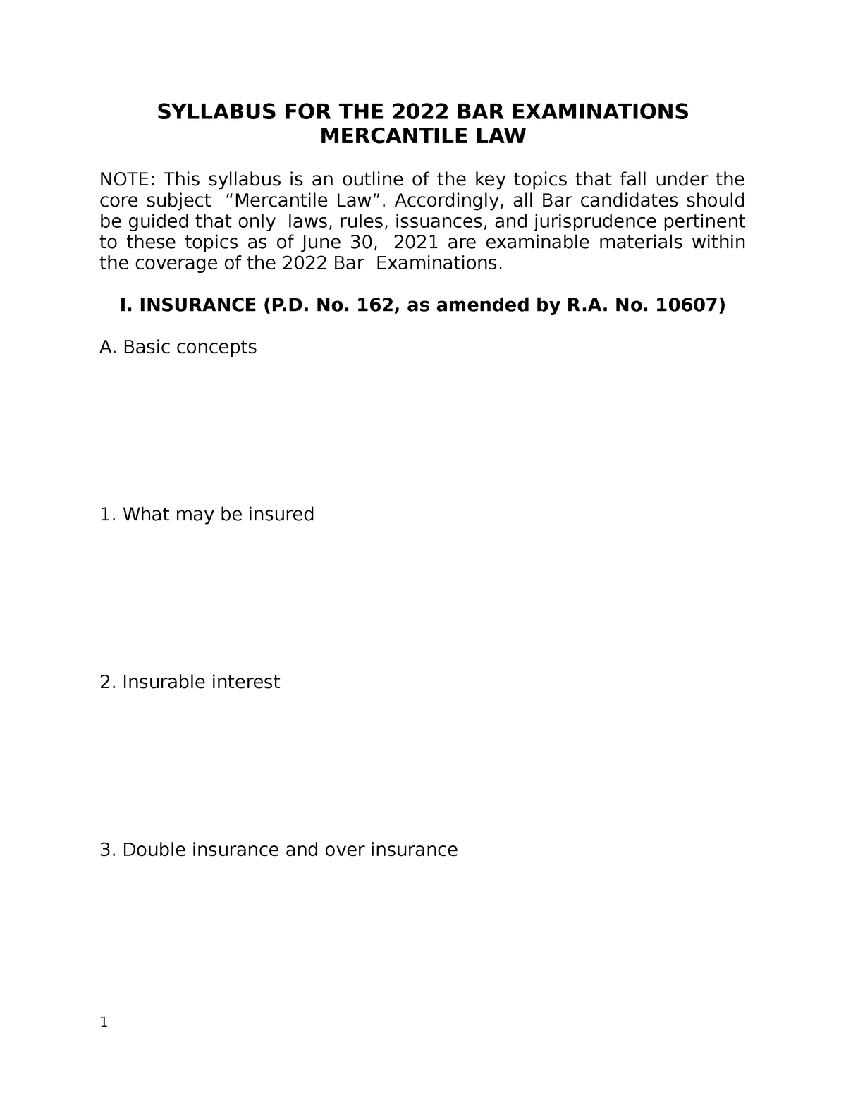 Commercial LAW 2022 BAR Syllabus - NOTE: This syllabus is an outline of ...