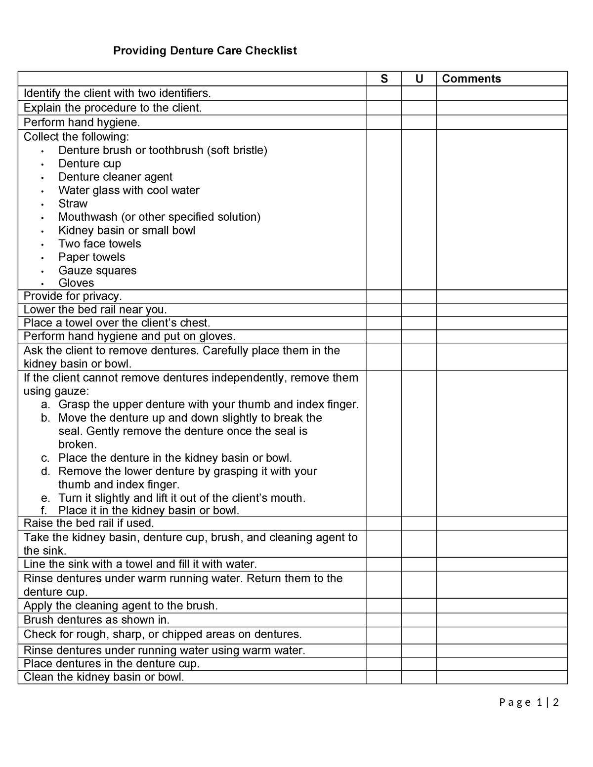 Providing Denture Care Checklist - Explain the procedure to the client ...