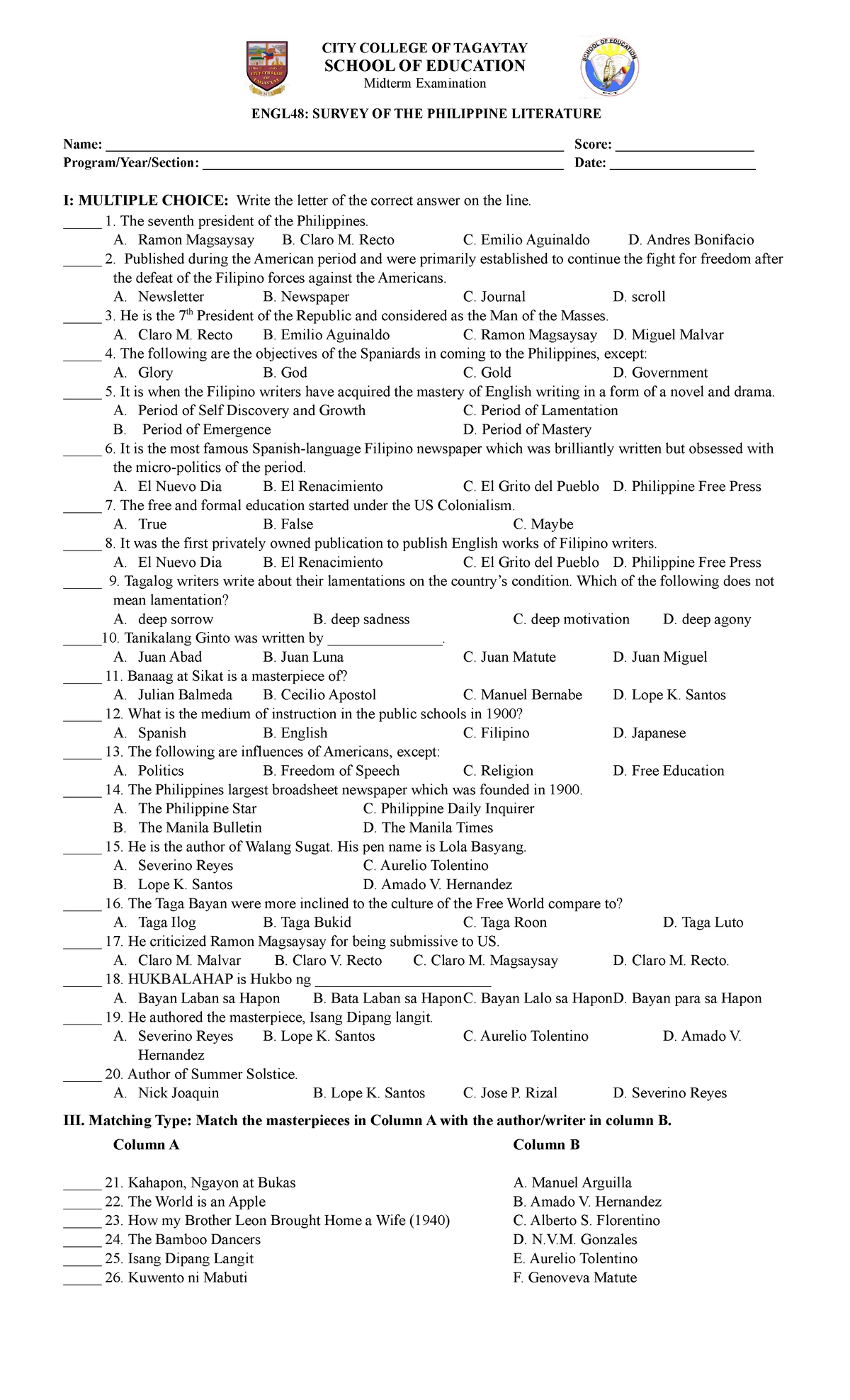 Midterm EXAM ENGL48 - CITY COLLEGE OF TAGAYTAY SCHOOL OF EDUCATION ...