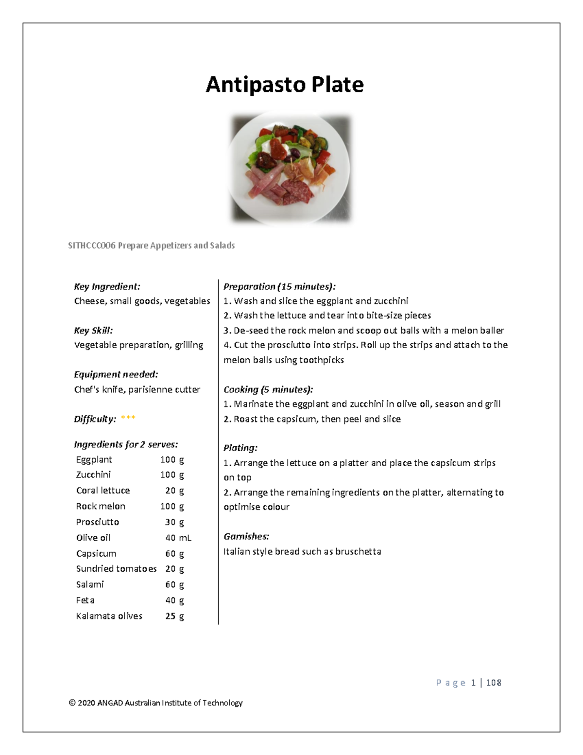 Recipes For All Units (F) - P A G E 1 | 108 Antipasto Plate SITHCCC006 ...