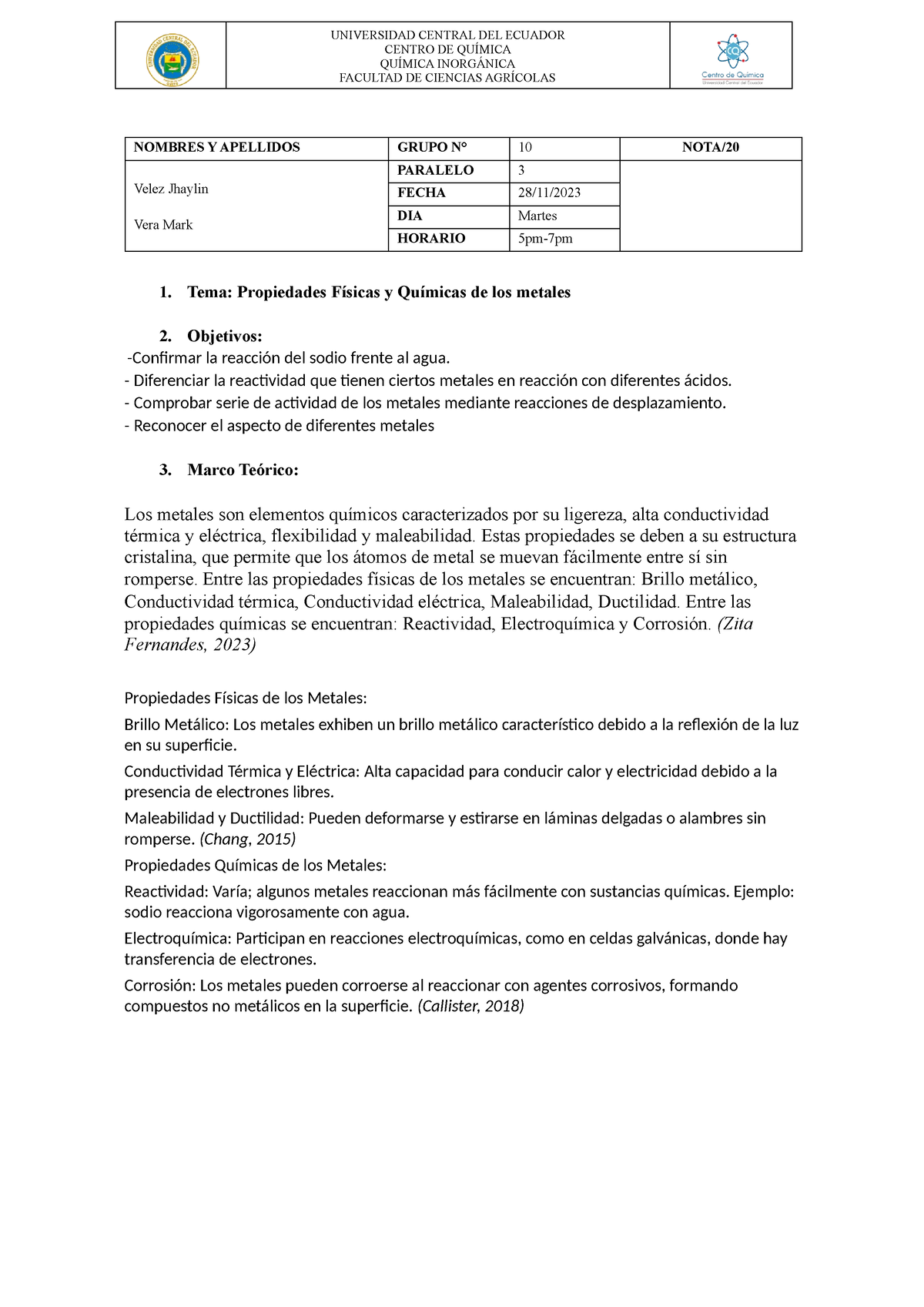 FCA QI Formato de Informe Propiedades Químicas y Físicas de los metales ...