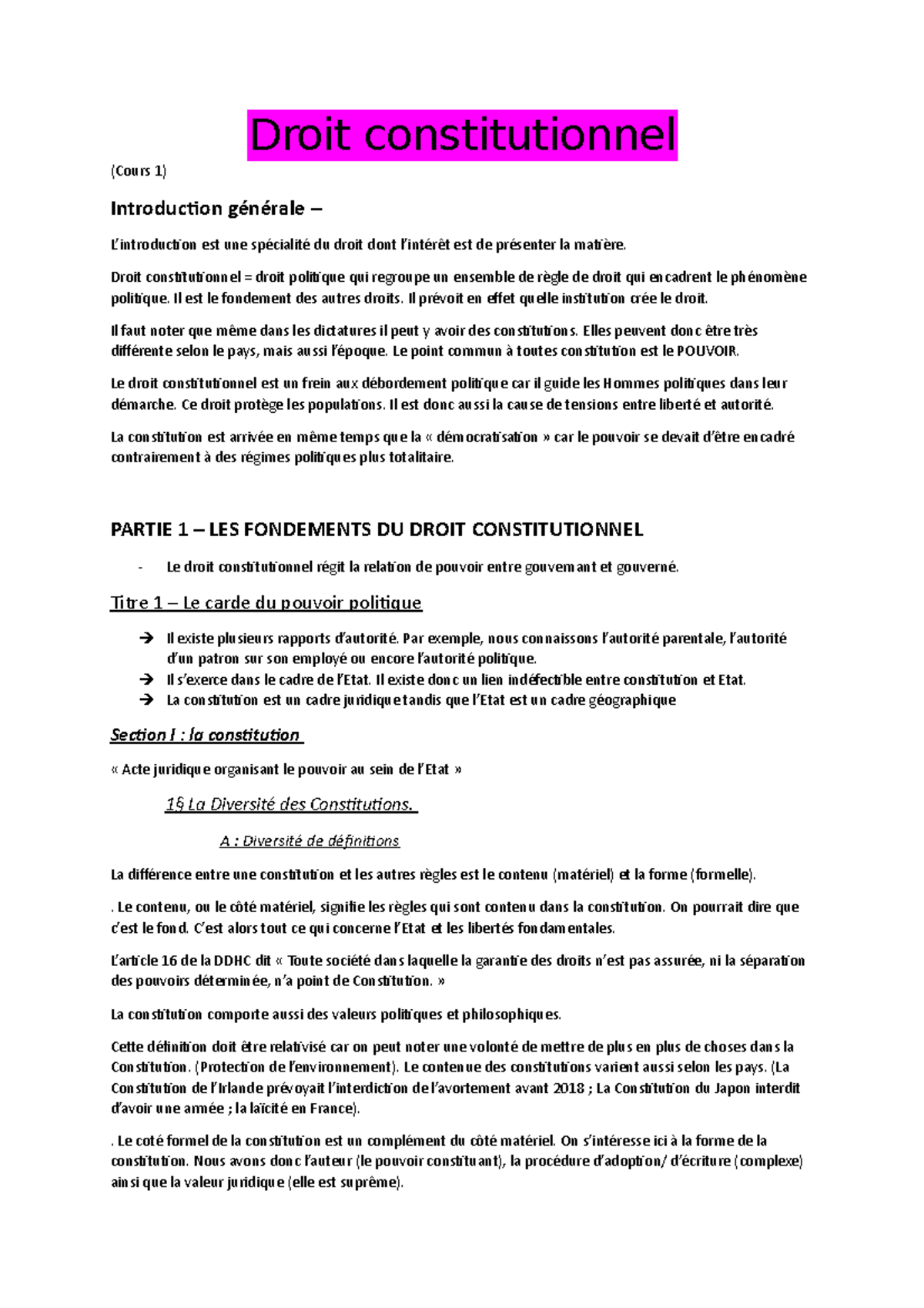 Cours Partie 1 - Droit Constitutionnel (Cours 1) Introduction Générale ...