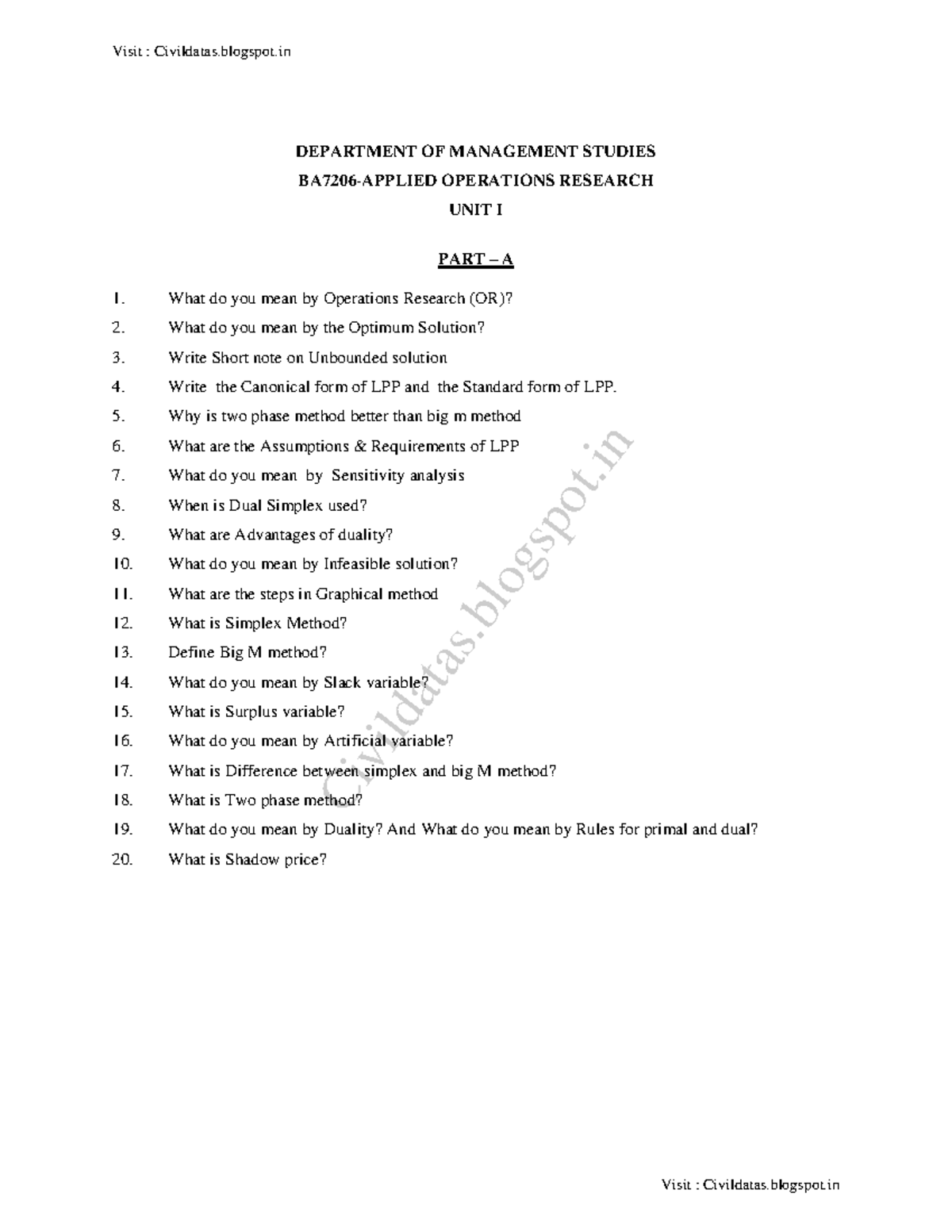BA7206-Applied Operations Research question bank edited - 1 DEPARTMENT ...