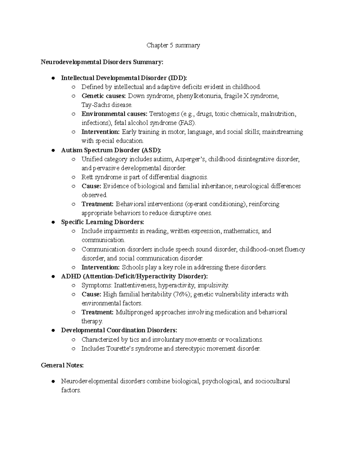 Chapter 5 summary - Chapter 5 summary Neurodevelopmental Disorders ...
