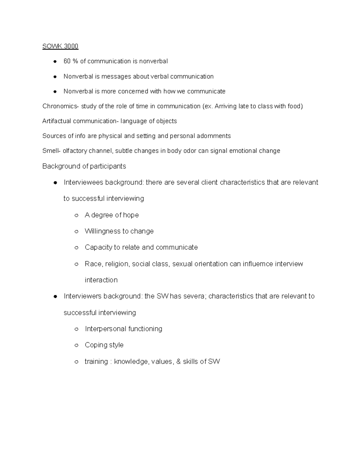 SOWK 3000 3 Nonverbal communication notes, Dr. Horton SOWK 3000 60