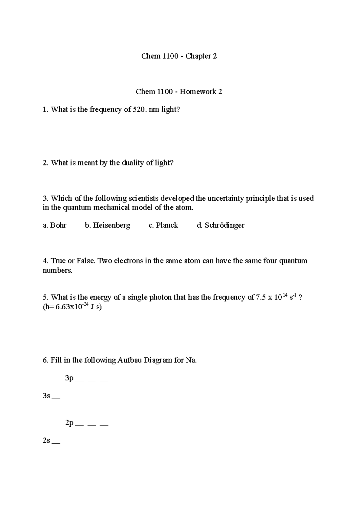 Chem 1100 Homework Chapter 2 Solution Chem 1100 Chapter 2 Chem