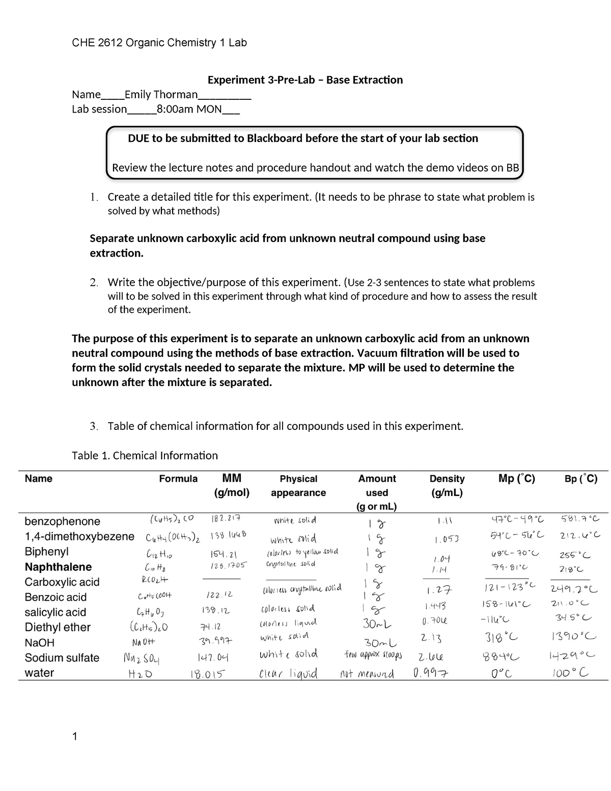 Exp3-Pre-lab-Base Extraction (1) - CHE 2612 Organic Chemistry 1 Lab ...