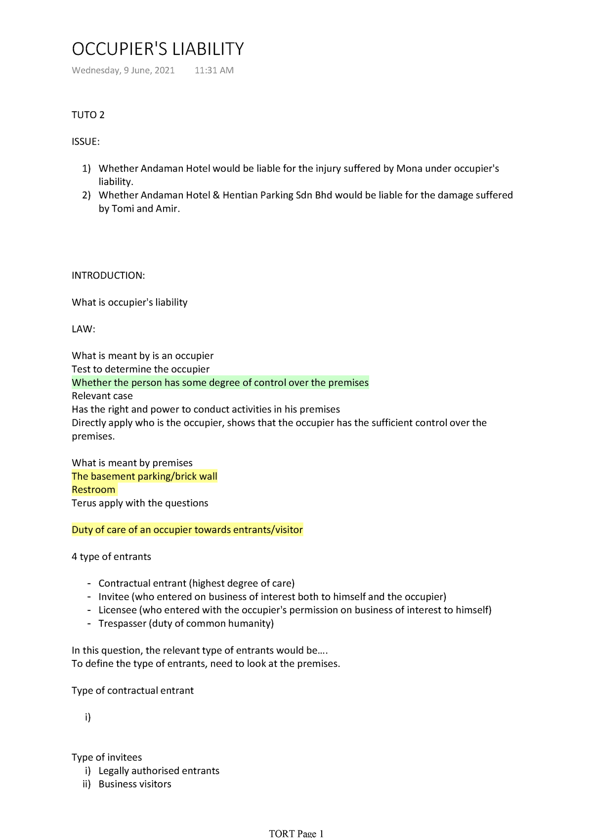 Occupier'S Liability sample answer - TUTO 2 ISSUE: Whether Andaman ...