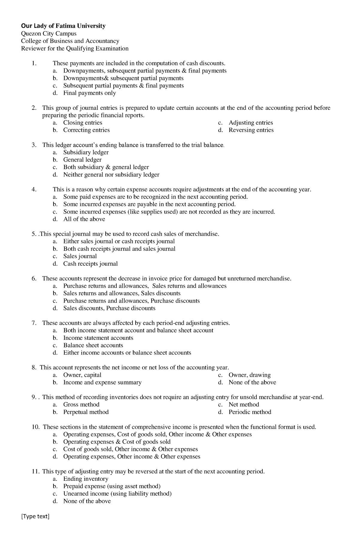 Qualifying Exam - Our Lady of Fatima University Quezon City Campus ...