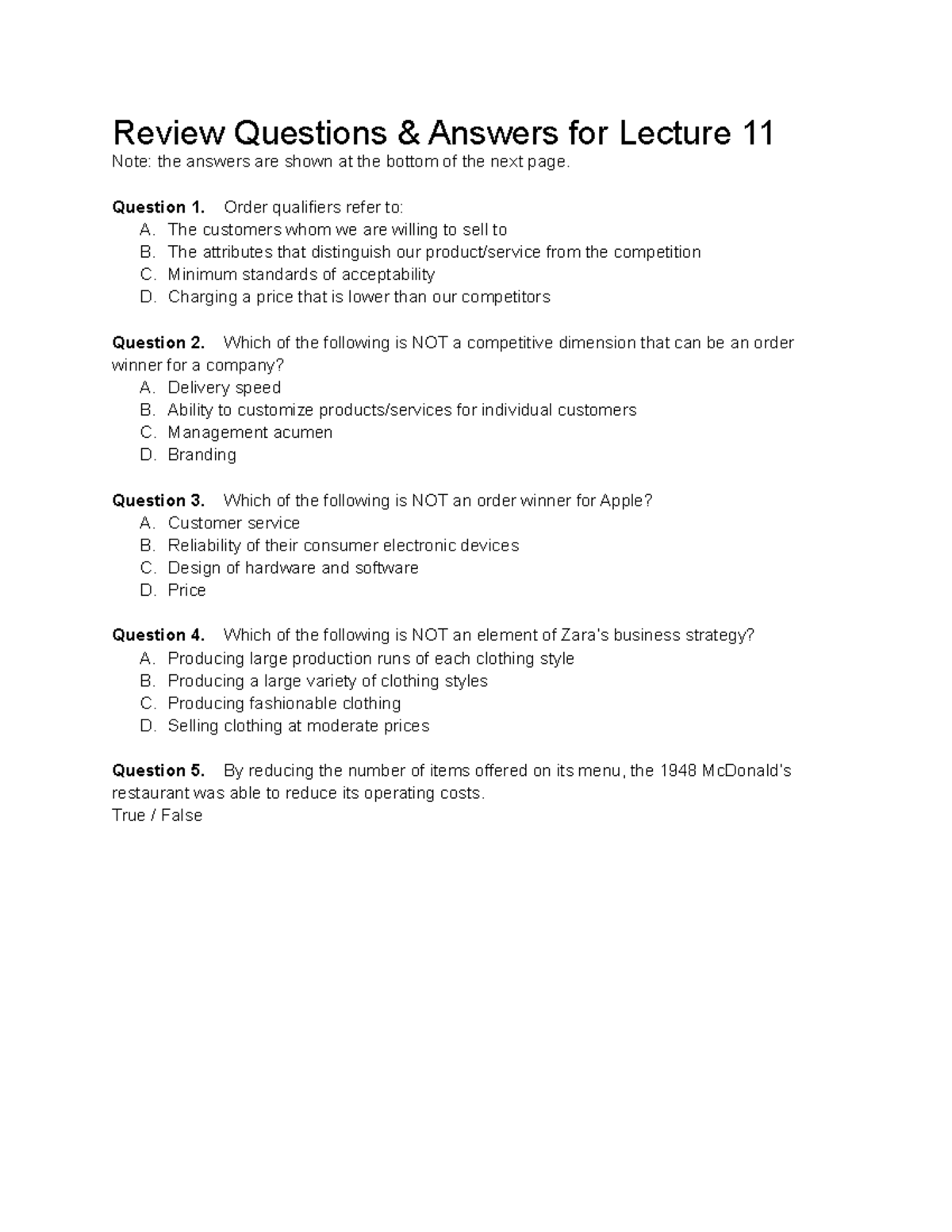 Review Questions Answers - Lecture 11 - Review Questions & Answers for ...