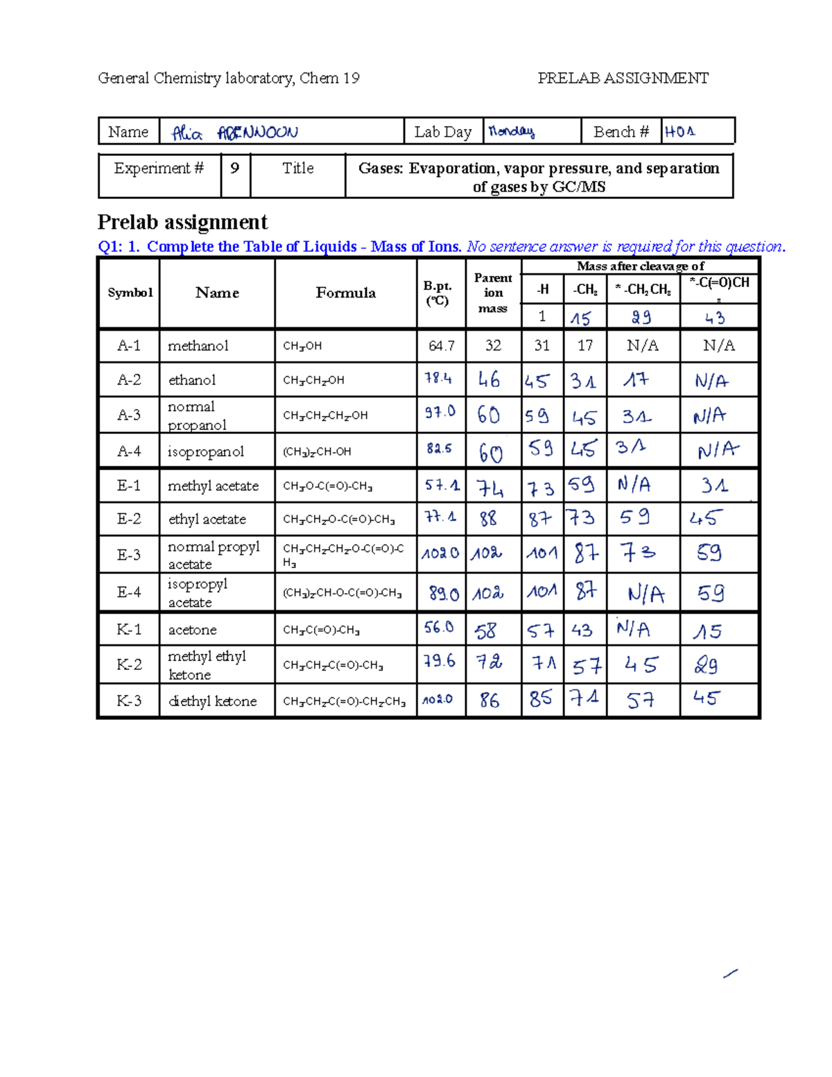 Lab 9 Prelab Assignment Submission - General Chemistry Laboratory, Chem ...