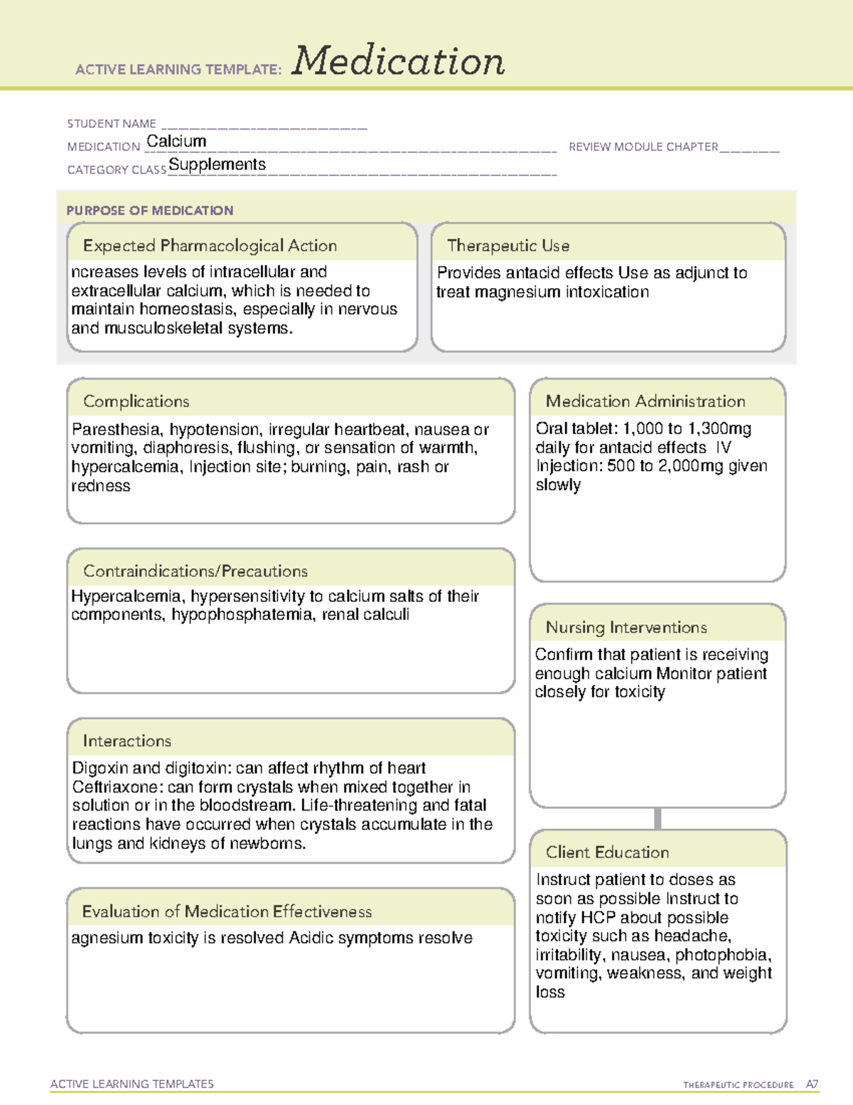 Calcium - ACTIVE LEARNING TEMPLATES THERAPEUTIC PROCEDURE A Medication ...