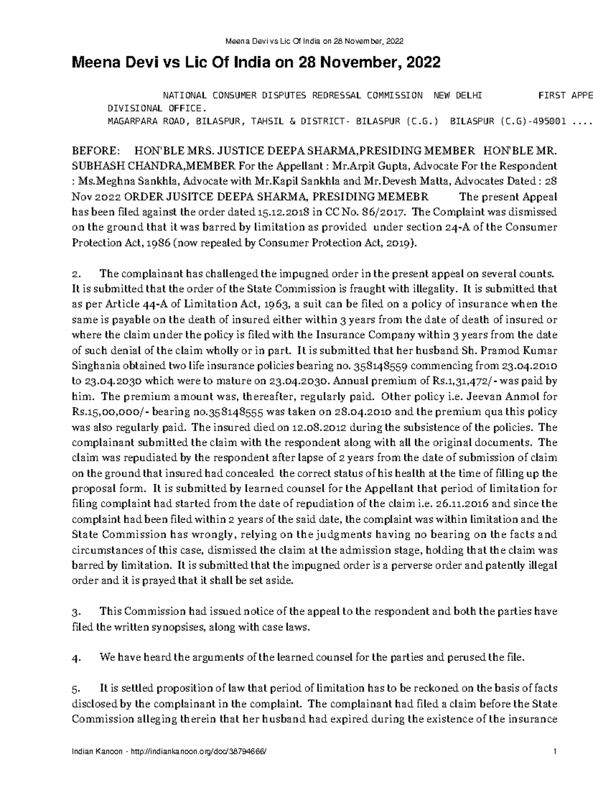 Meena Devi vs Lic Of India on 28 November 2022 Meena Devi vs Lic Of