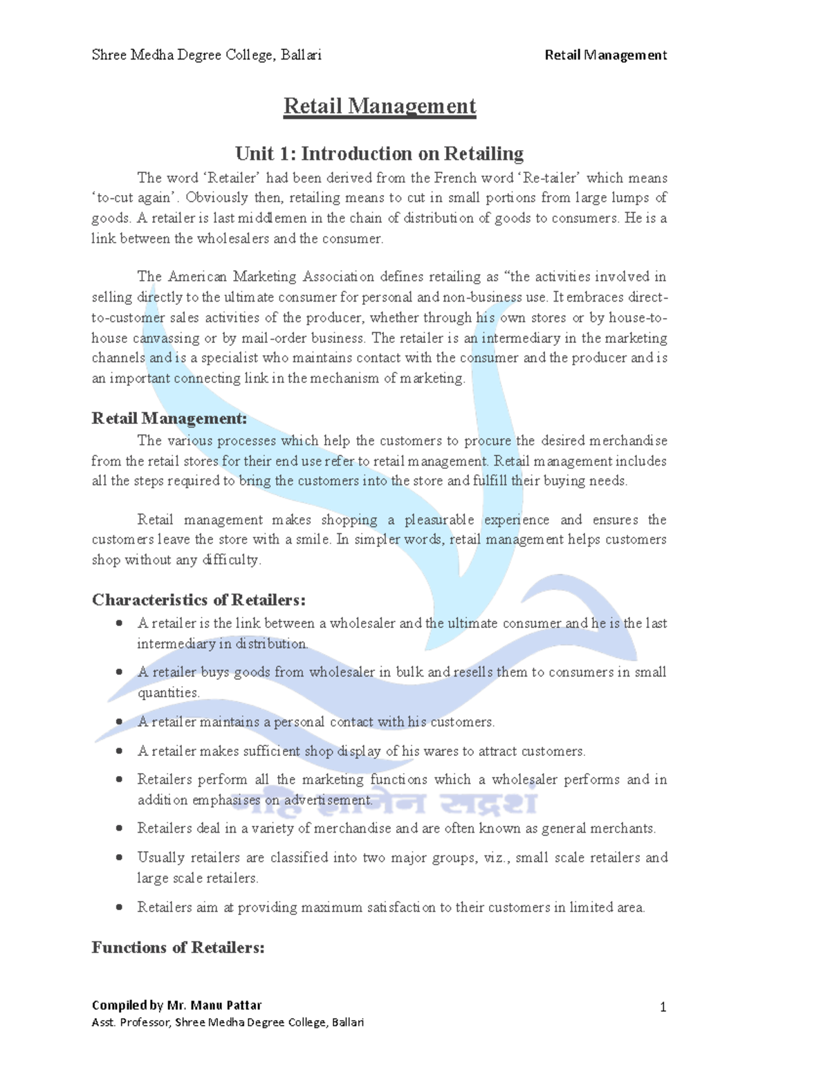 Retail Management Study Material - Compiled by Mr. Manu Pattar 1 Retail ...