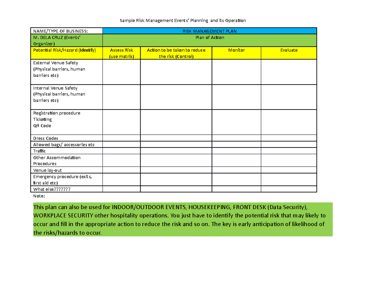 Sample RISK MGT. PLAN. (events' security) - Sample Risk Management ...