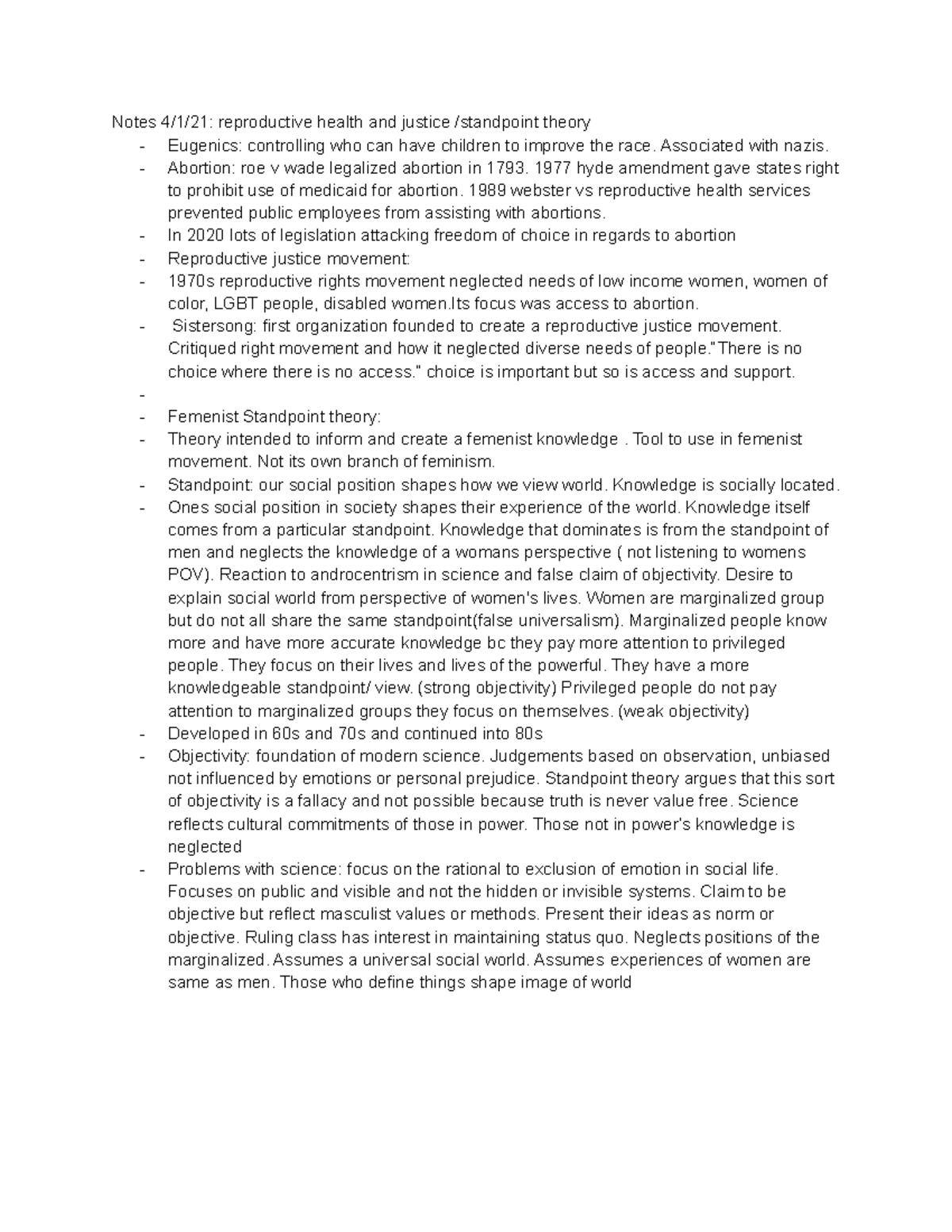 Notes 4 1 21 - professor Massey - Notes 4/1/21: reproductive health and ...
