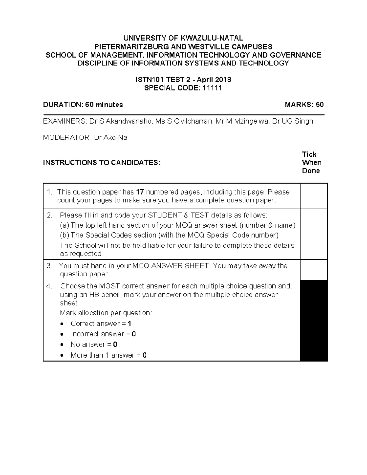 ISTN101 Test 2 2018 - Past question paper - UNIVERSITY OF KWAZULU-NATAL ...