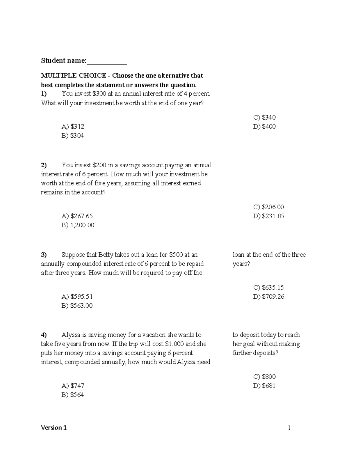 Practice Questions for Chapter 17 version 1 - Student name ...