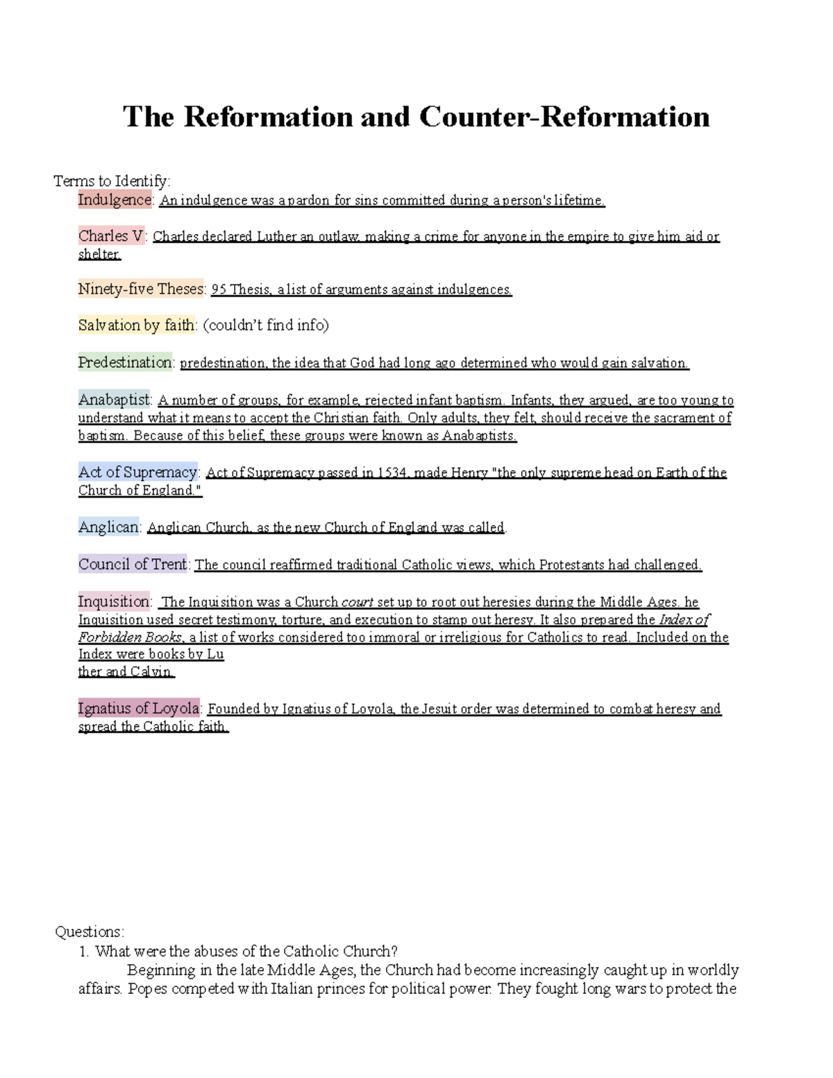 Reformation google doc - The Reformation and Counter-Reformation Terms ...