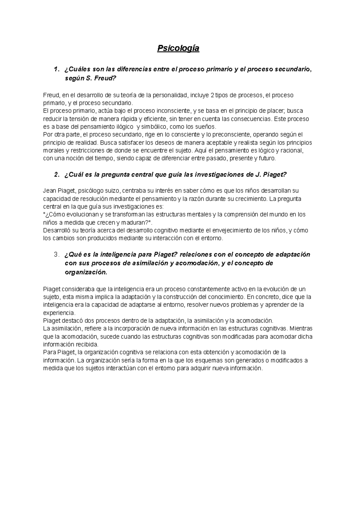 Proceso primario y secundario Freud Psicología 1. ¿Cuáles son las
