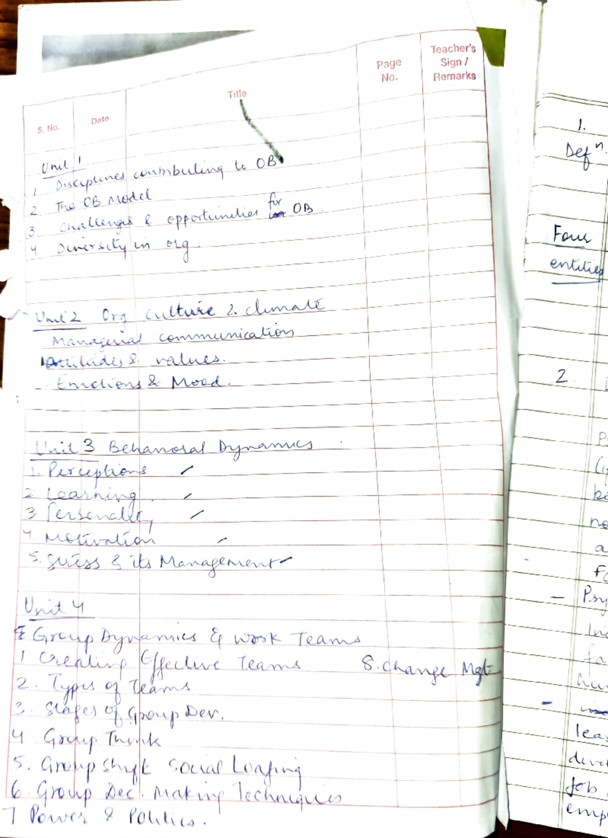 OB unit 1,2 and 3 notes - Page Sign No. Remarks Title Date S. No. Unit ...