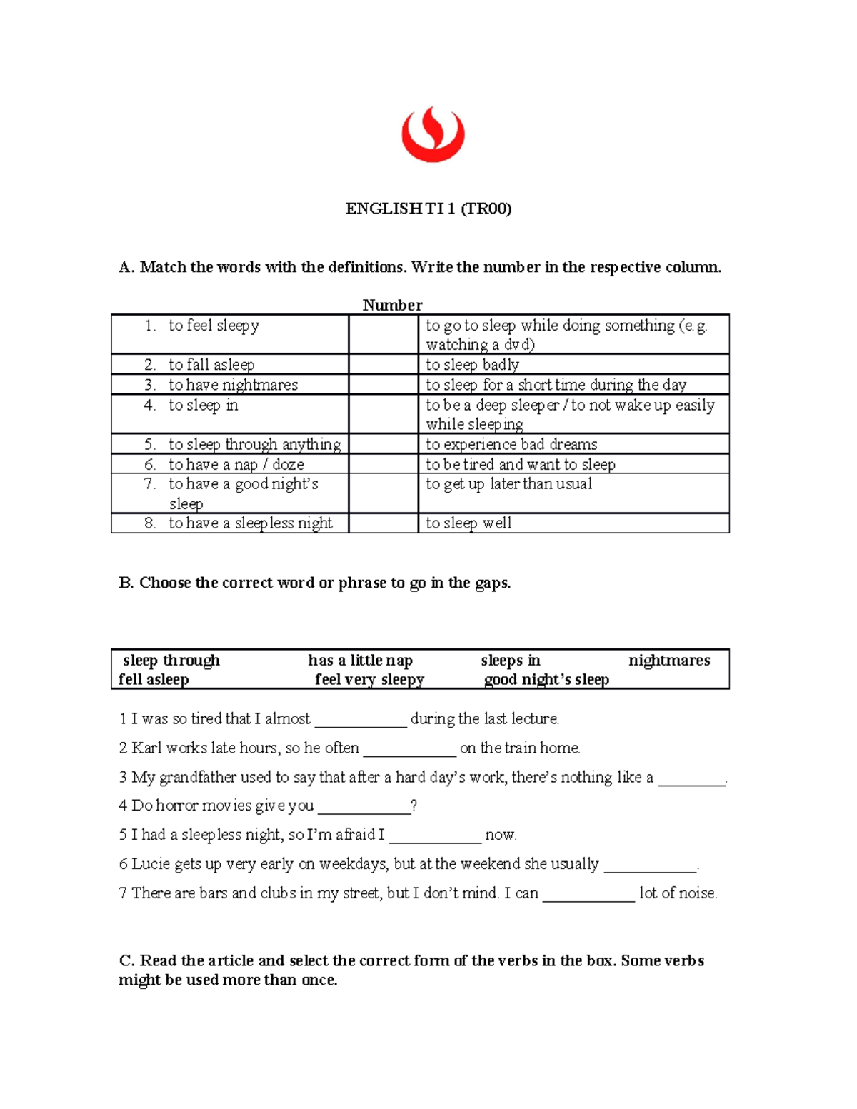 UNIT 8 - verb patterns and vocabulary - ENGLISH TI 1 (TR00) A. Match ...