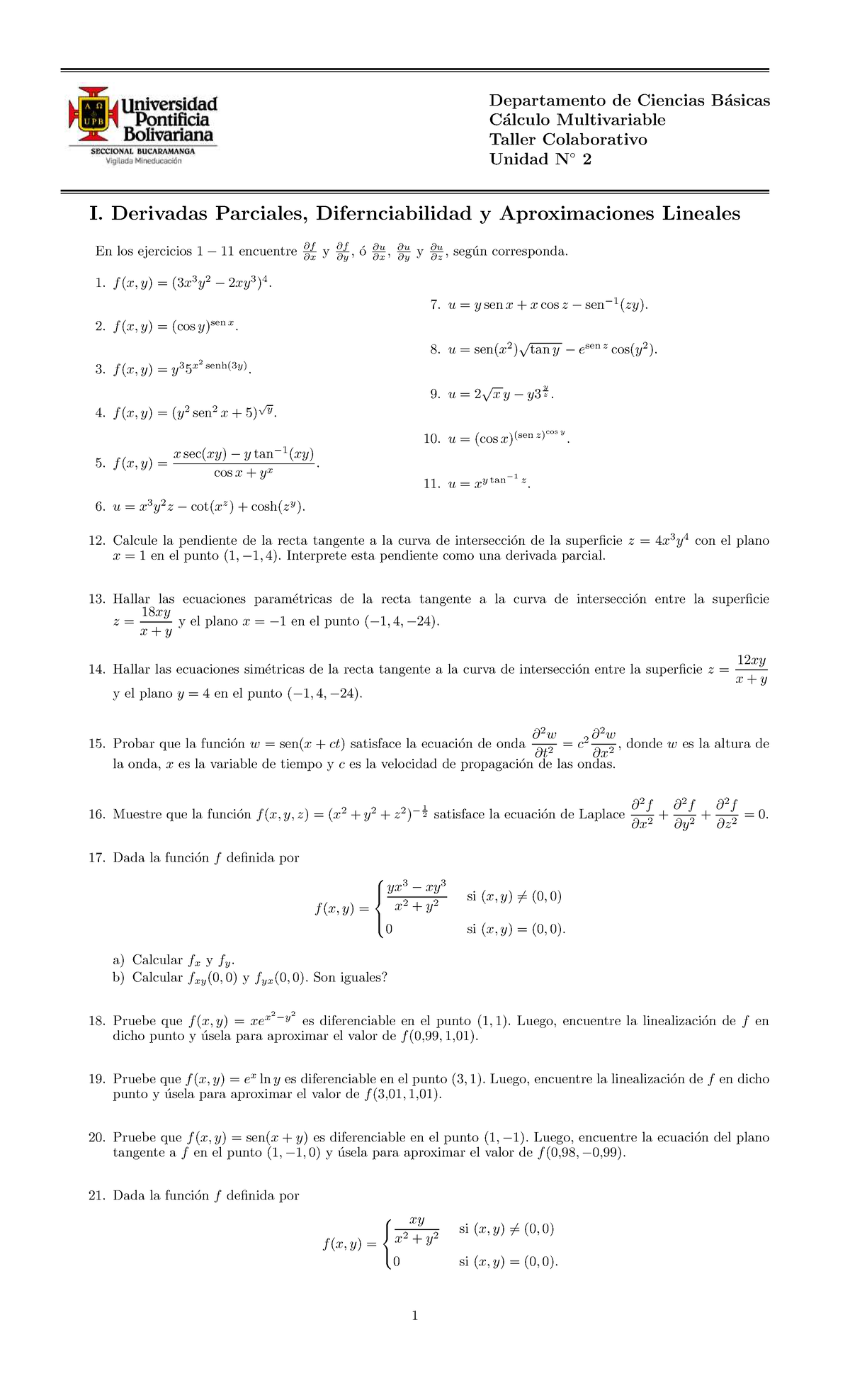 Taller Colaborativo Unidad N° 2 - Departamento De Ciencias B ́asicas C ...