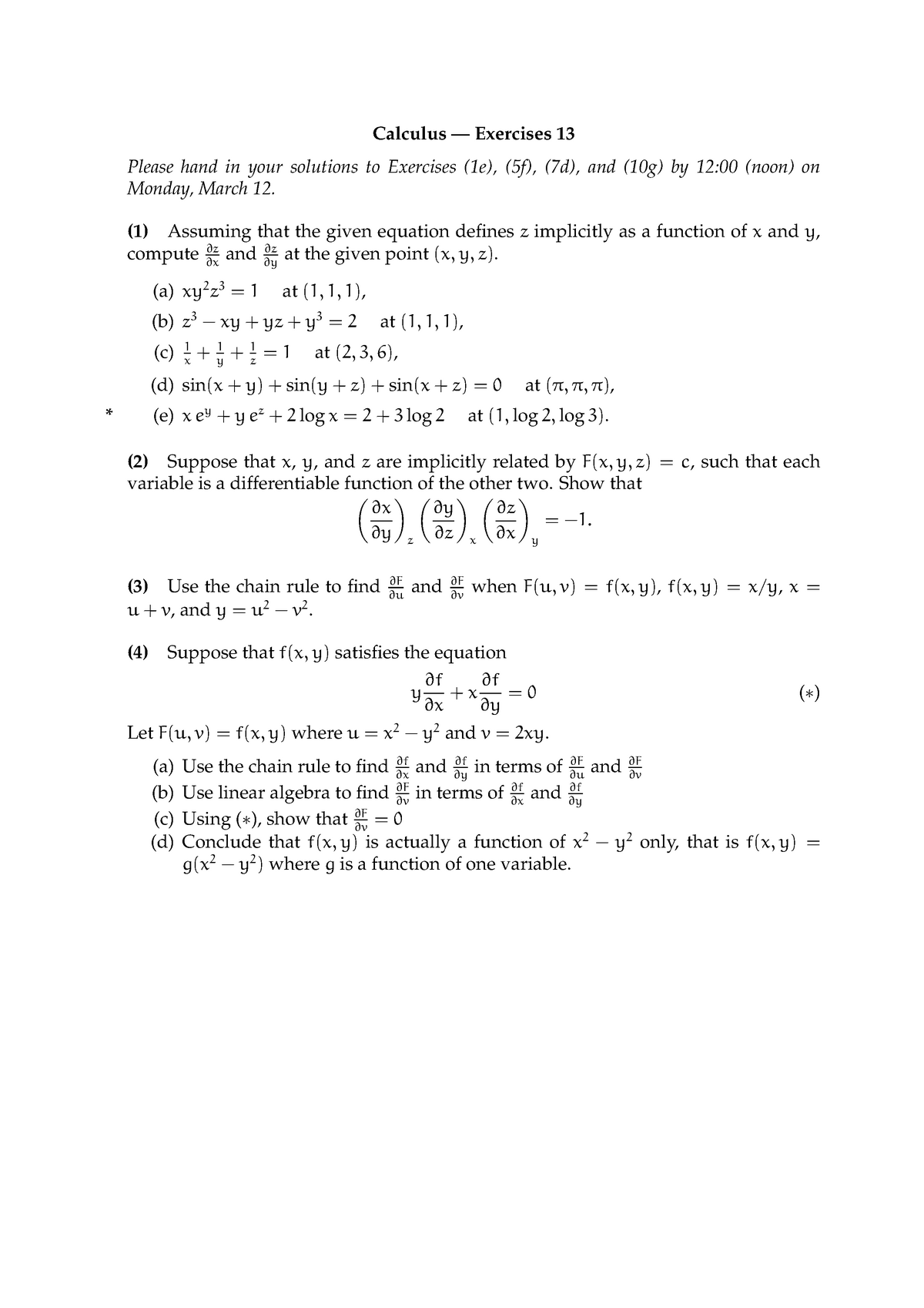 Calculus Assessment 13 Question Sheet Calculus Exercises 13 Please Hand In Your Studocu
